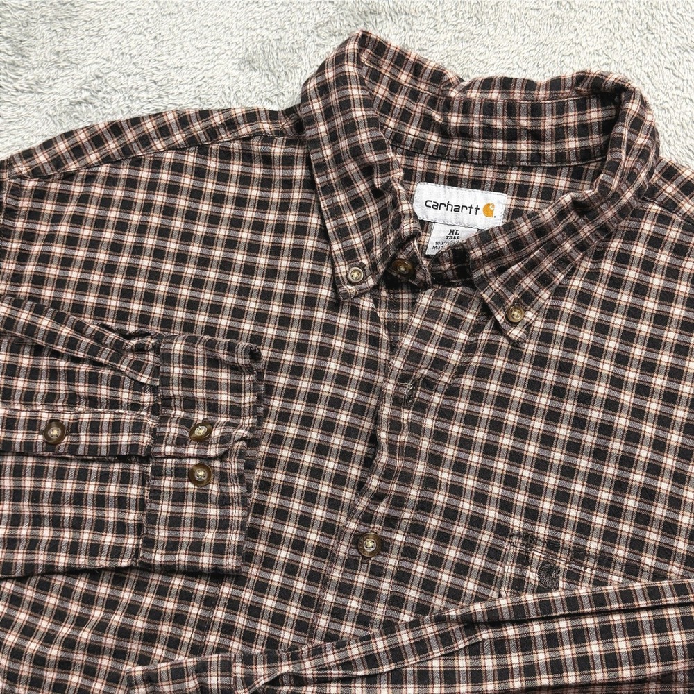 Carhartt Mens XL Tall Plaid Flannel Button Down Work Shirt Brown Long Sleeve